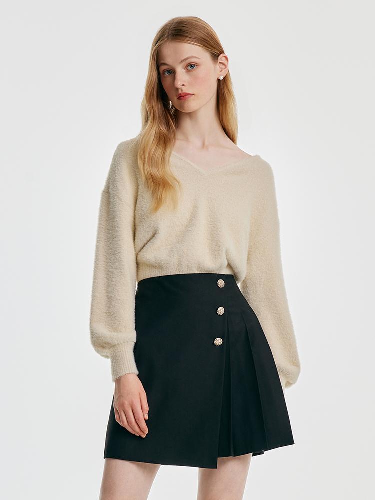 V-neck Tencel And Woolen Sweater With Bows GOELIA