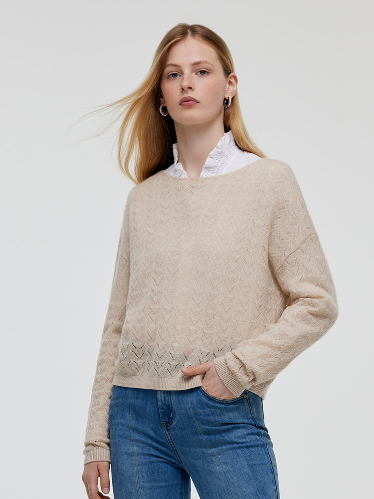 Beige Cashmere Sequins Women Sweater GOELIA