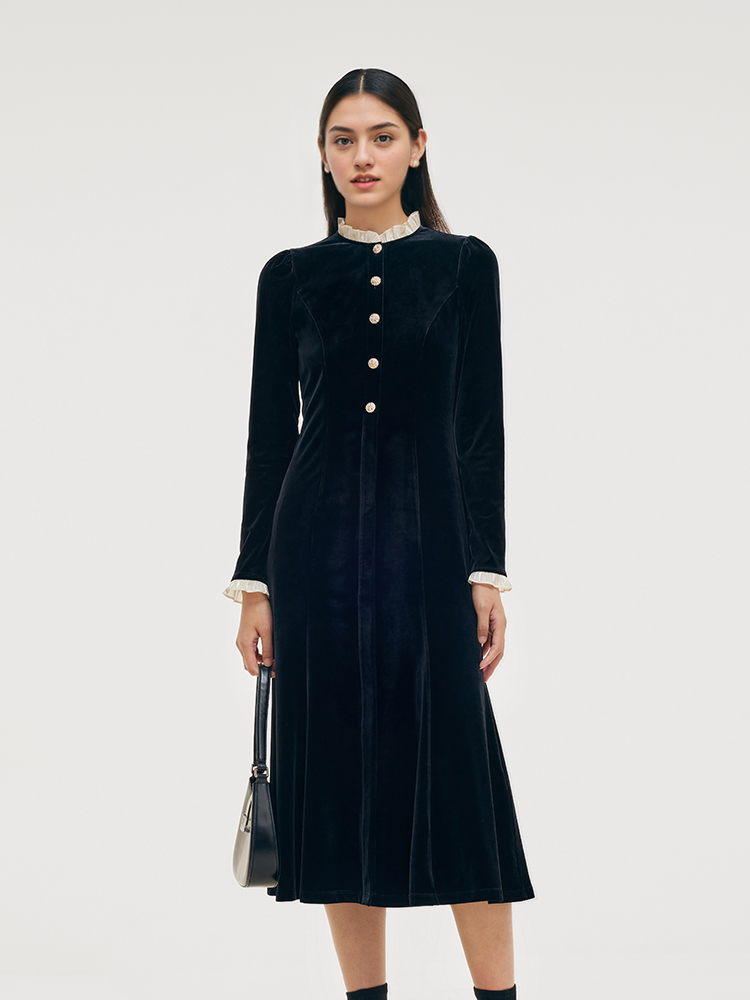 Velvet Ruffle Collar Women Maxi Dress GOELIA