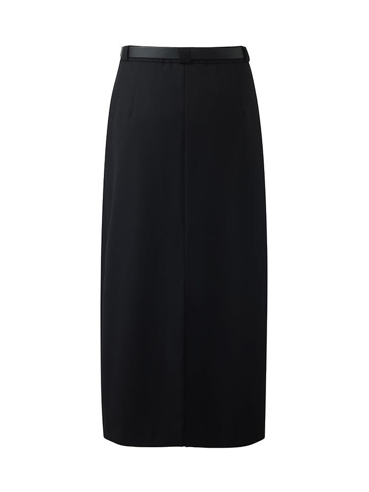 Worsted Wool Women Column Skirt With Leather Belt GOELIA