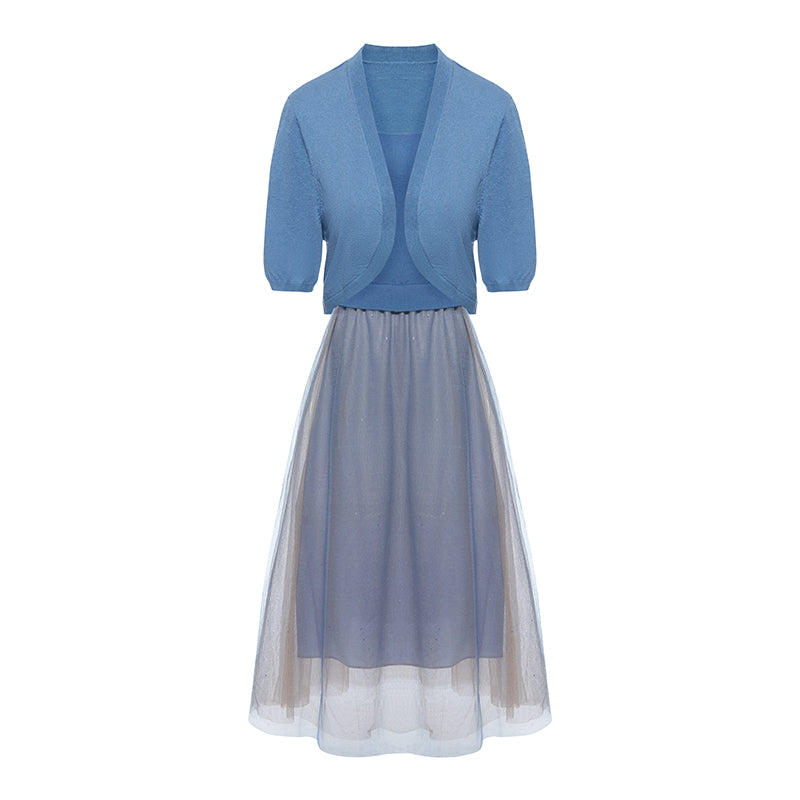 Two-Piece Set Blue Cardigan And Mesh Skirt GOELIA