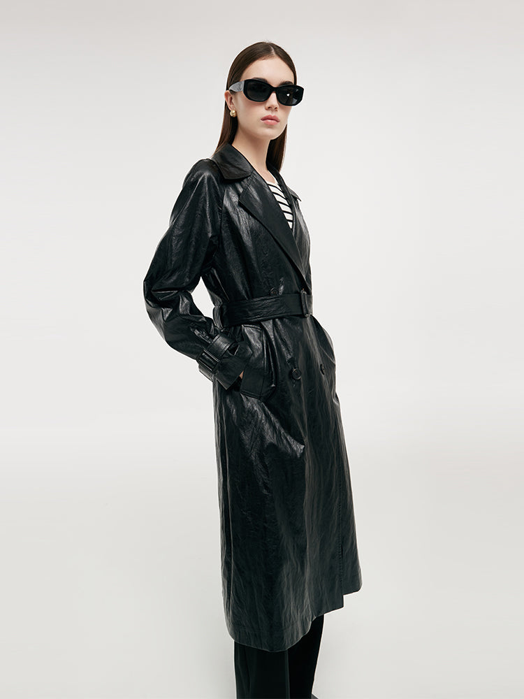 PU Leather Women Long Trench Coat GOELIA