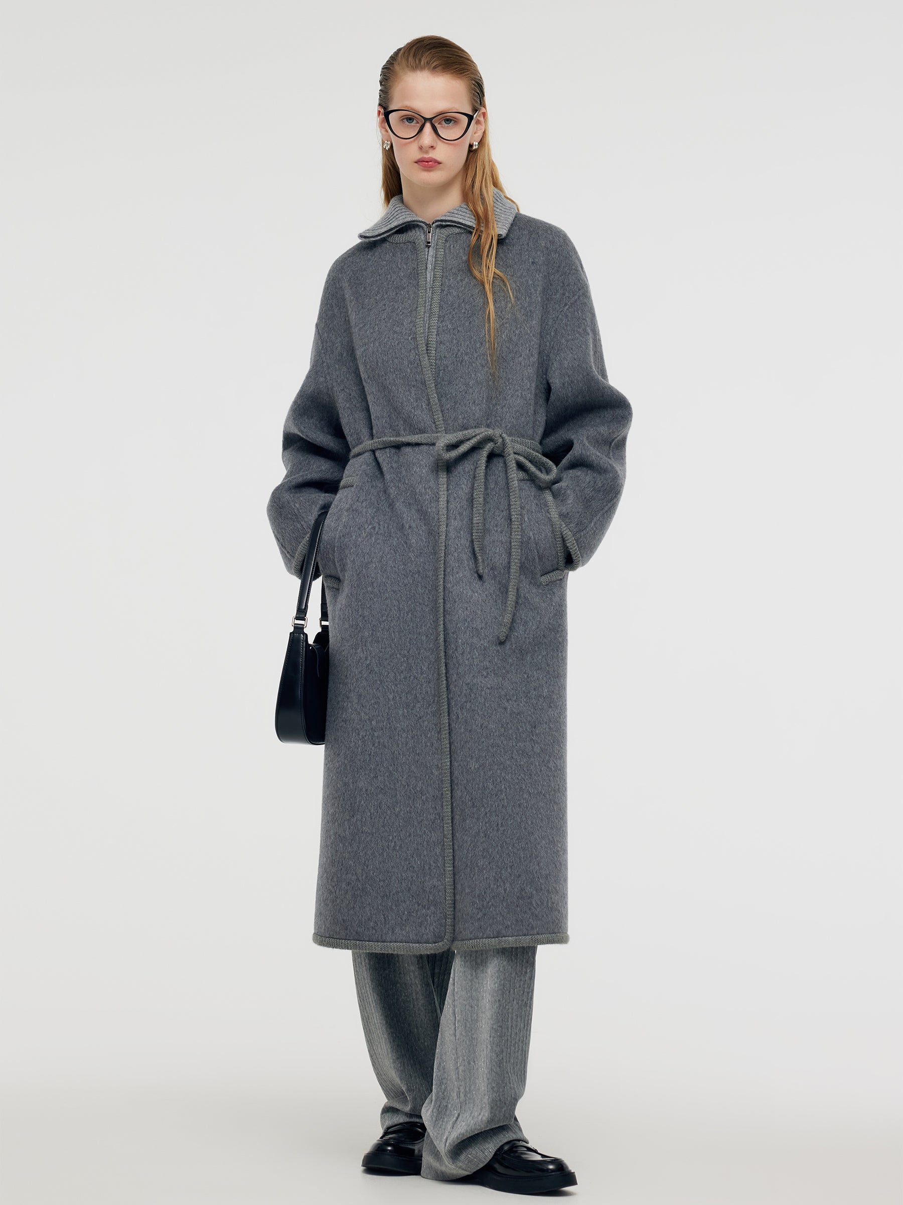 Alpaca Wool Women Overcoat With Knit Belt GOELIA