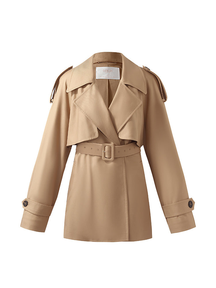 Worsted Wool Women Cropped Trench Coat With Belt GOELIA