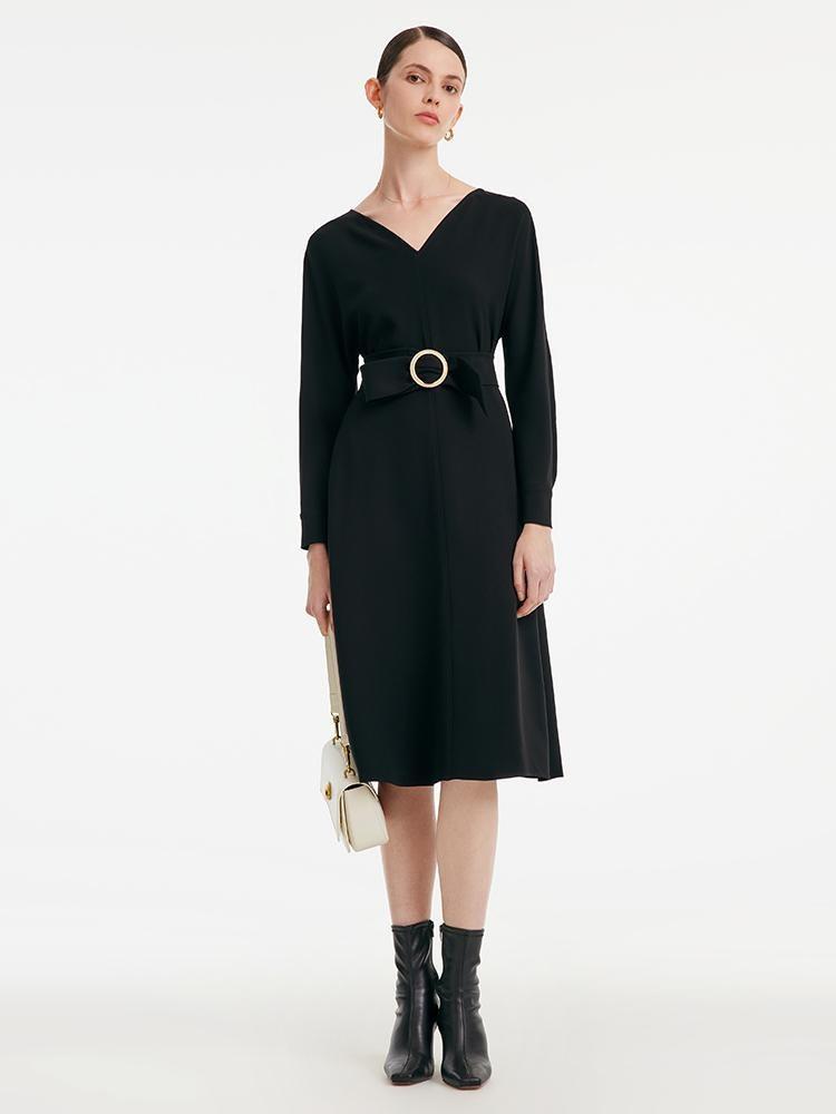 Acetate V-neck Long-sleeved Dress With Belt GOELIA