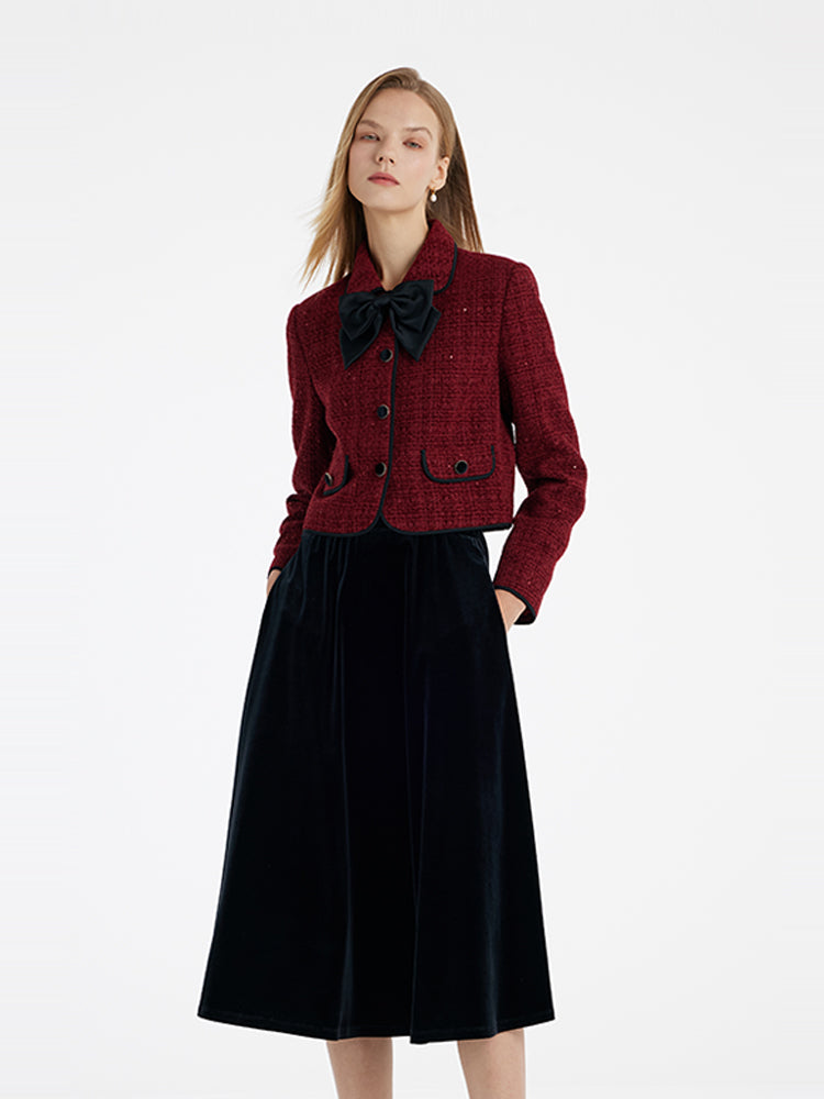 Tweed Jacket And Velvet Skirt Two-Piece Set With Detachable Bowknot GOELIA
