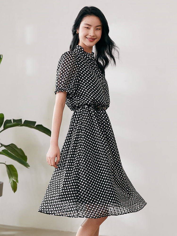 Short Sleeve Gathered Waist Polka Dots Midi Dress GOELIA