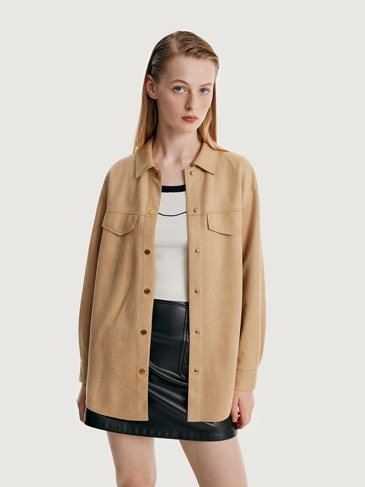 Faux Suede Coat With Leather Belt GOELIA