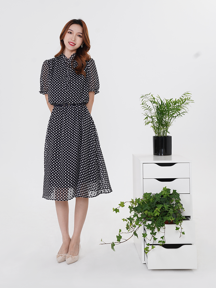 Short Sleeve Gathered Waist Polka Dots Midi Dress GOELIA