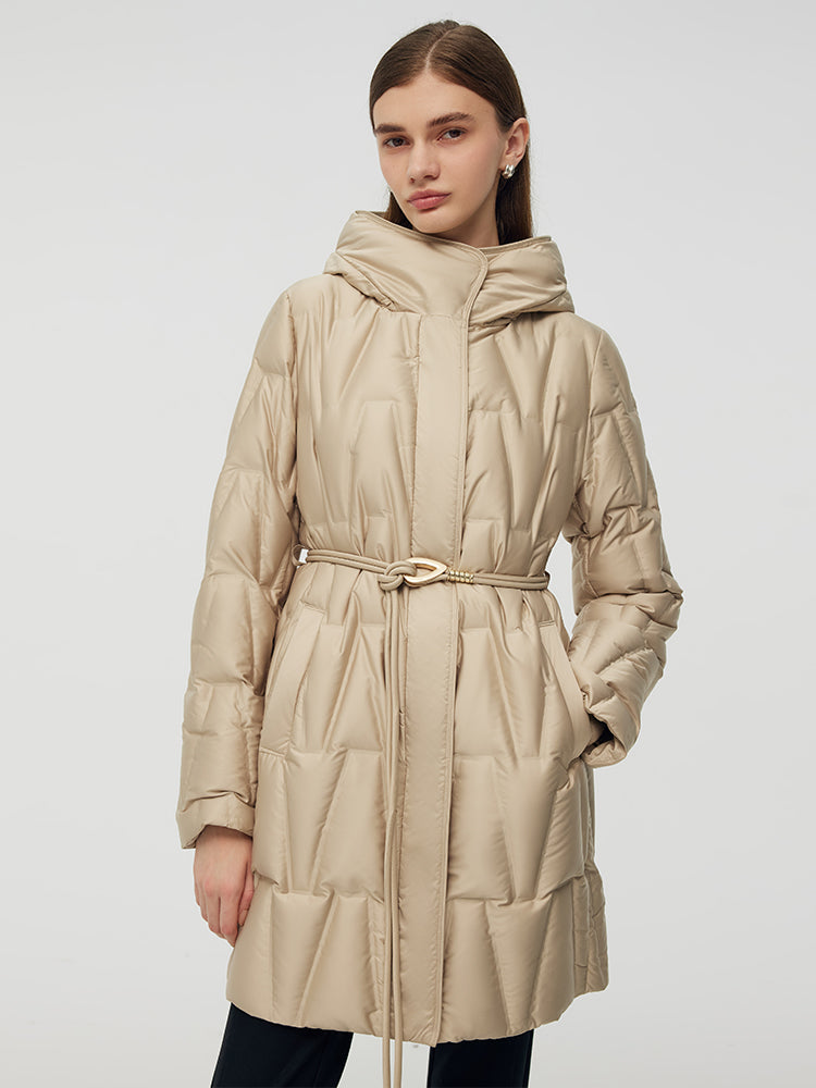 High Collar Hooded Goose Down Coat With Belt GOELIA