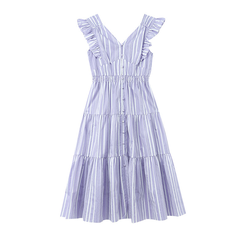 Stripe Pleated Fly Sleeve Dress GOELIA