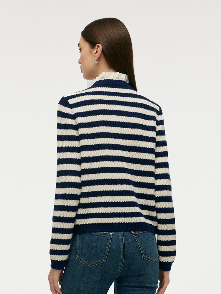 Blue And White Stripe Women Cardigan With Detachable Ruffle Collar GOELIA