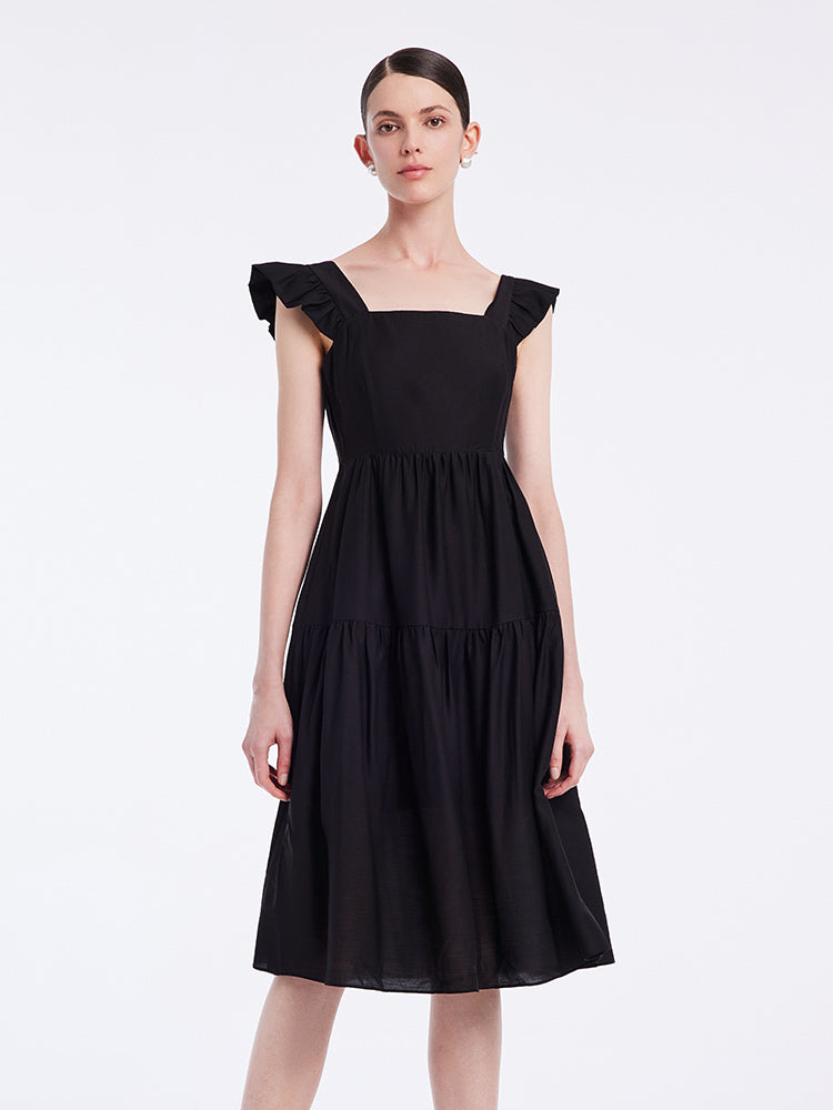 Black Acetate Ruffle Sleeve Dress GOELIA