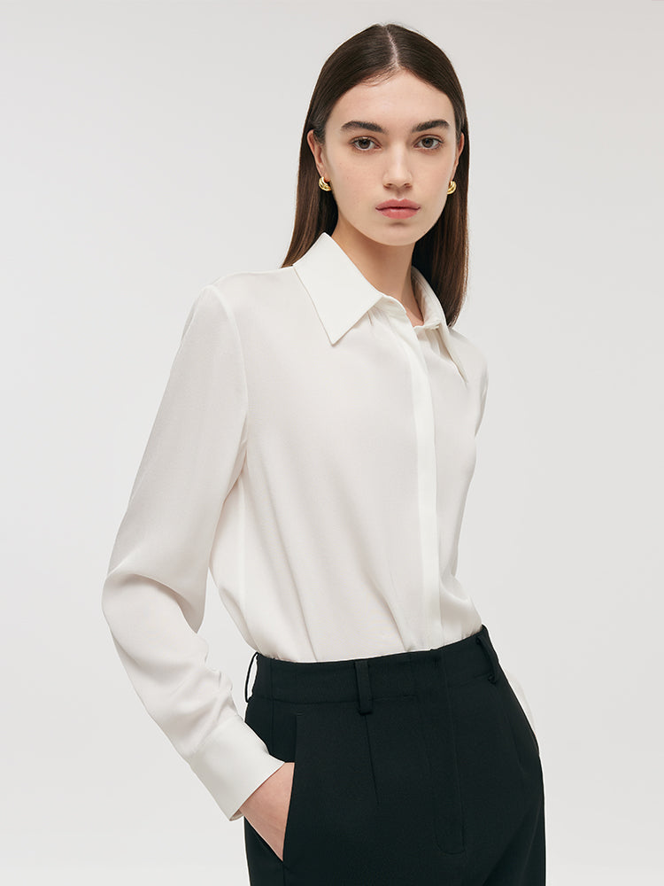 Acetate White Lapel Women Shirt With Detachable Chain GOELIA