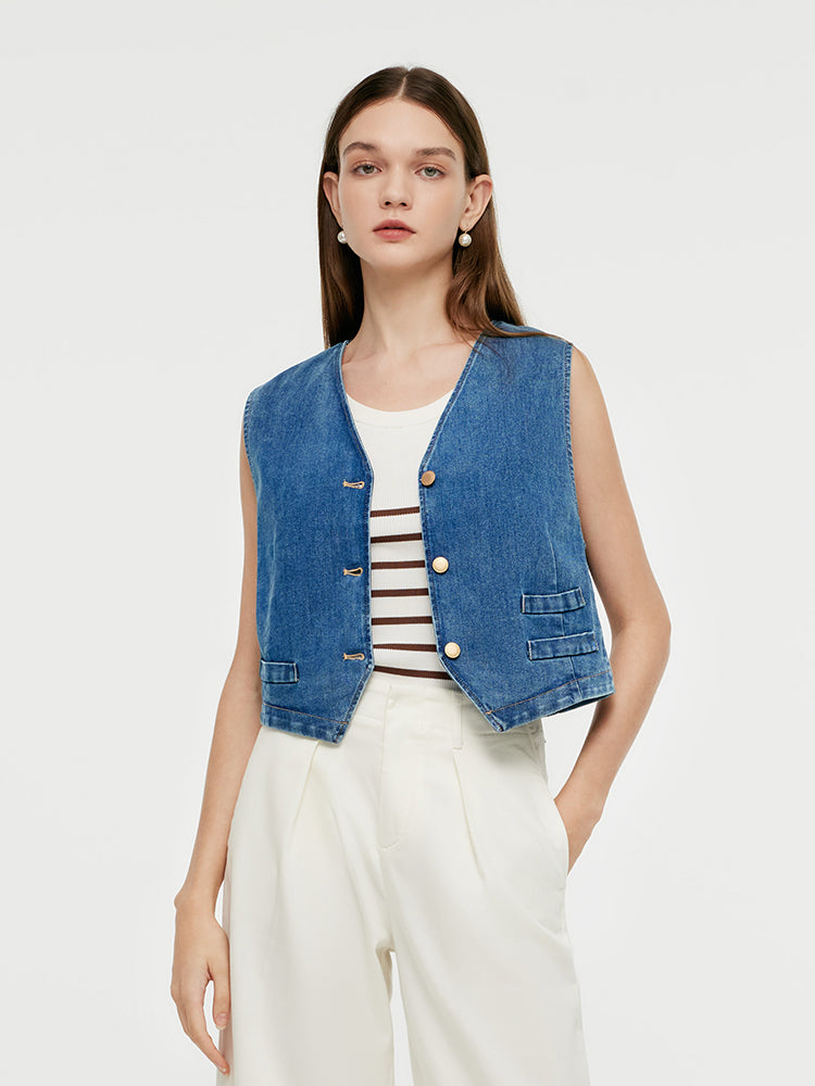 Single-Breasted Women Denim Crop Vest GOELIA