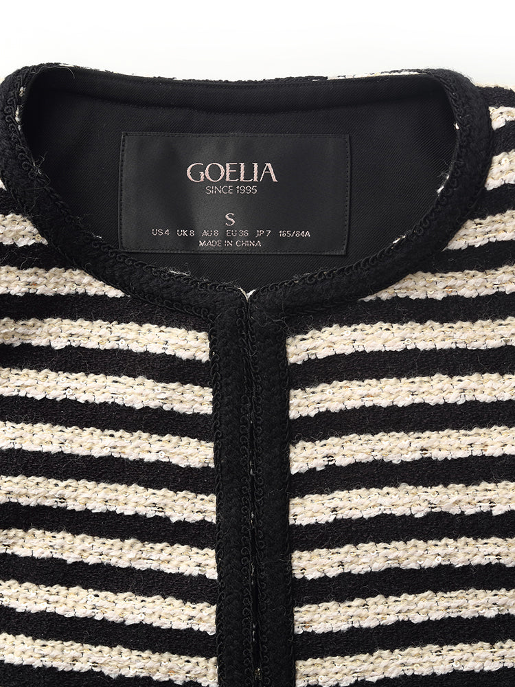 Wool Blend Black And White Stripe Tweed Women Crop Jacket GOELIA