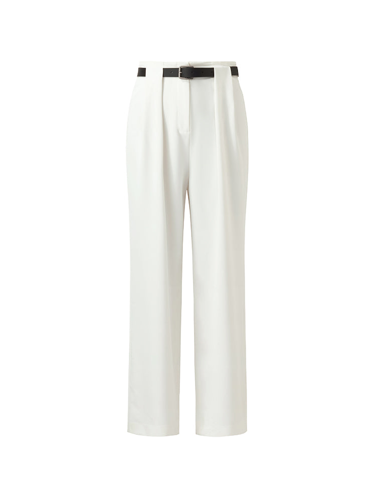 Straight Pleated Women Pants With Leather Belt GOELIA