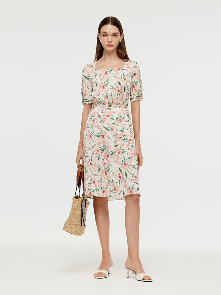 19 Momme Mulberry Silk Floral Printed Women Mini Dress With Belt GOELIA