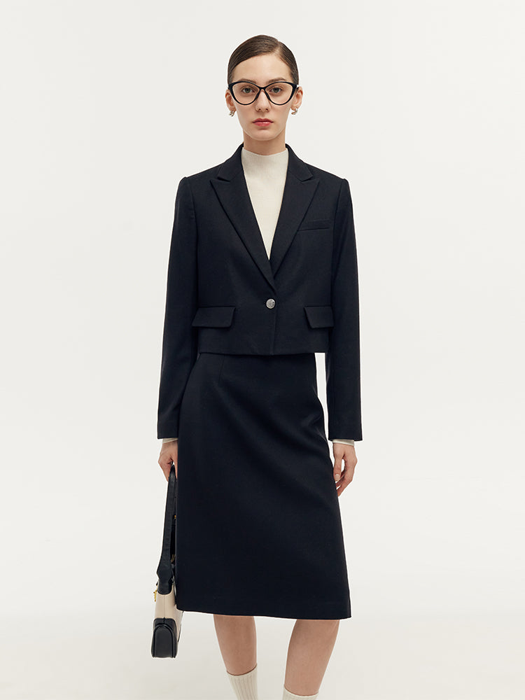 Cashmere Wool Blend V-Neck Blazer And Midi Skirt Two-Piece Set GOELIA