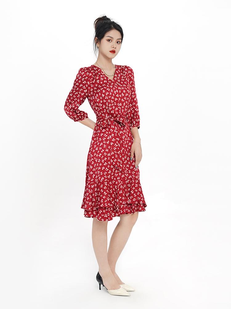 V-neck Floral Bowknot Midi Dress GOELIA