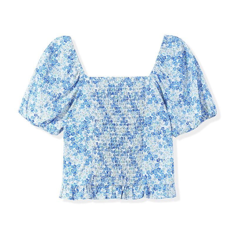 Blue Floral Print Women Blouse GOELIA