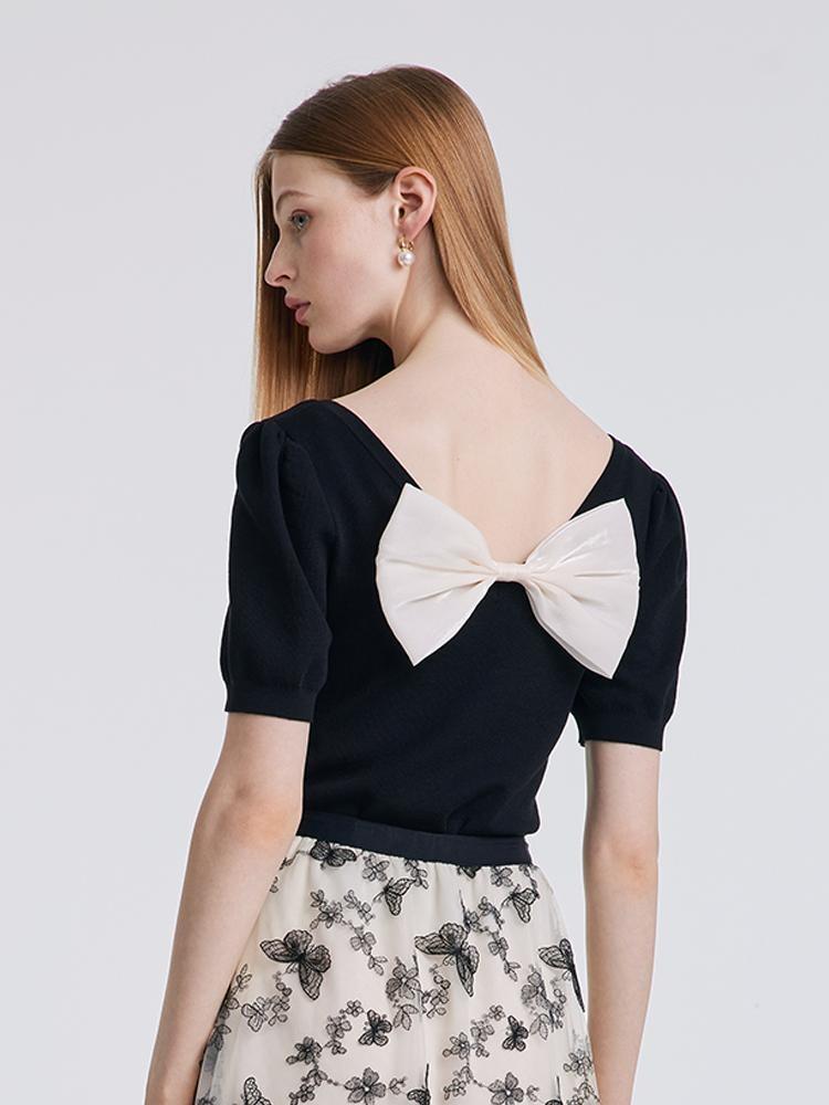 Black Knitted Tops With Bow GOELIA