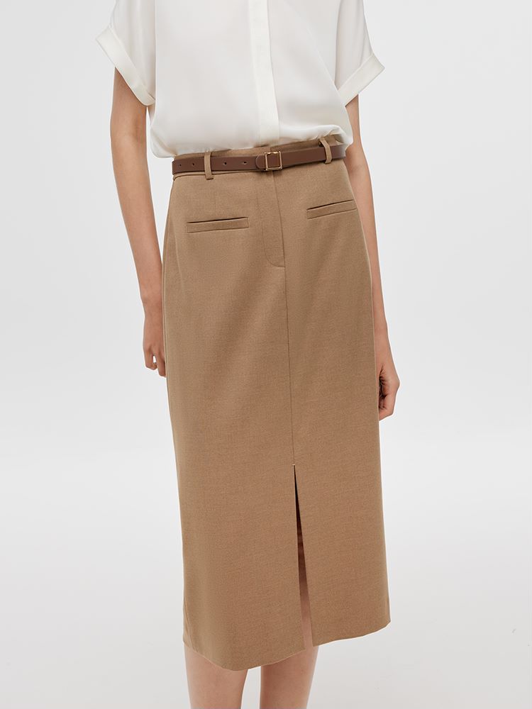 Basic Straight Slit Women Skirt With Belt GOELIA
