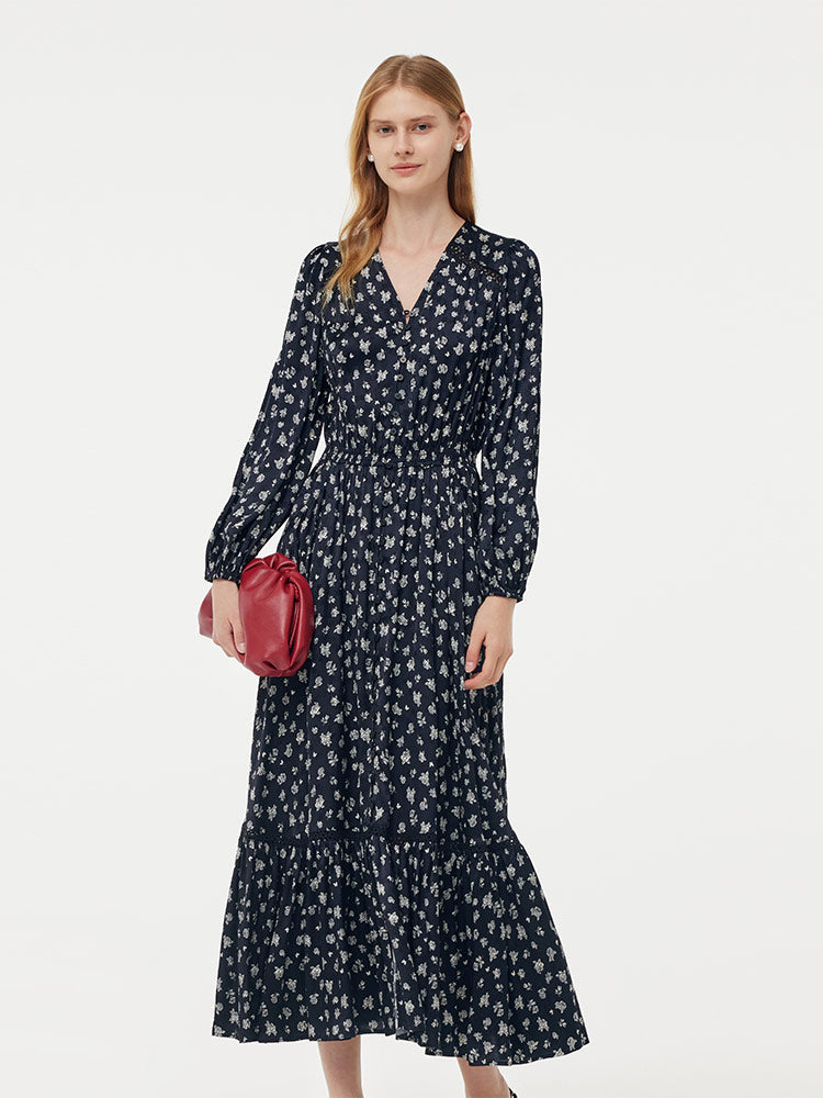 Floral Print Lantern Slit Sleeve Women Maxi Dress With Scrunchie GOELIA