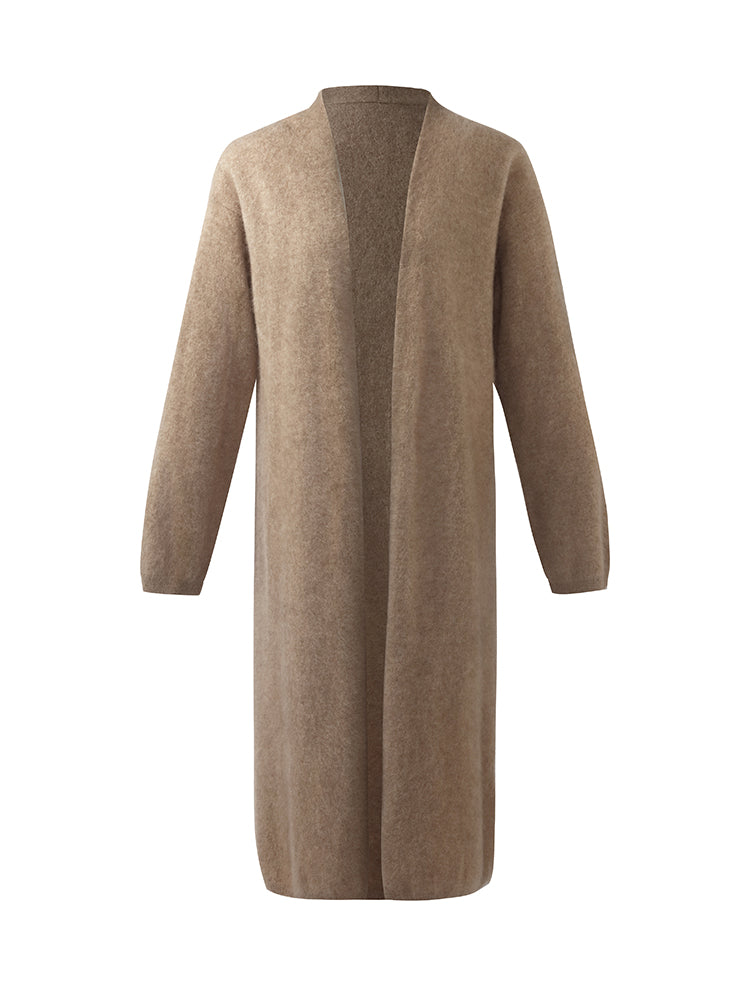 Light Camel Brushed Cashmere Long Women Cardigan GOELIA