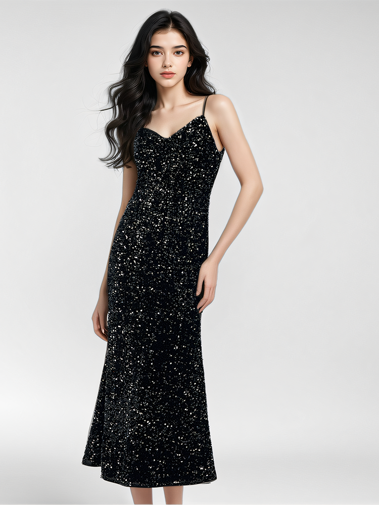 Velvet Sequins Women Strap Midi Dress GOELIA