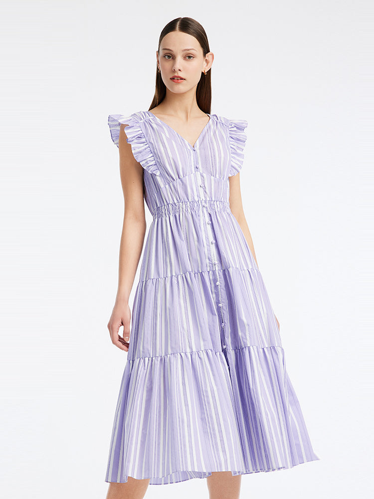 Stripe Pleated Fly Sleeve Dress GOELIA