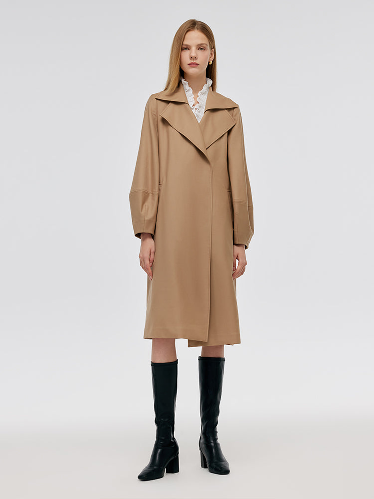 Worsted Wool Lantern Sleeve Women Trench Coat With Leather Belt GOELIA