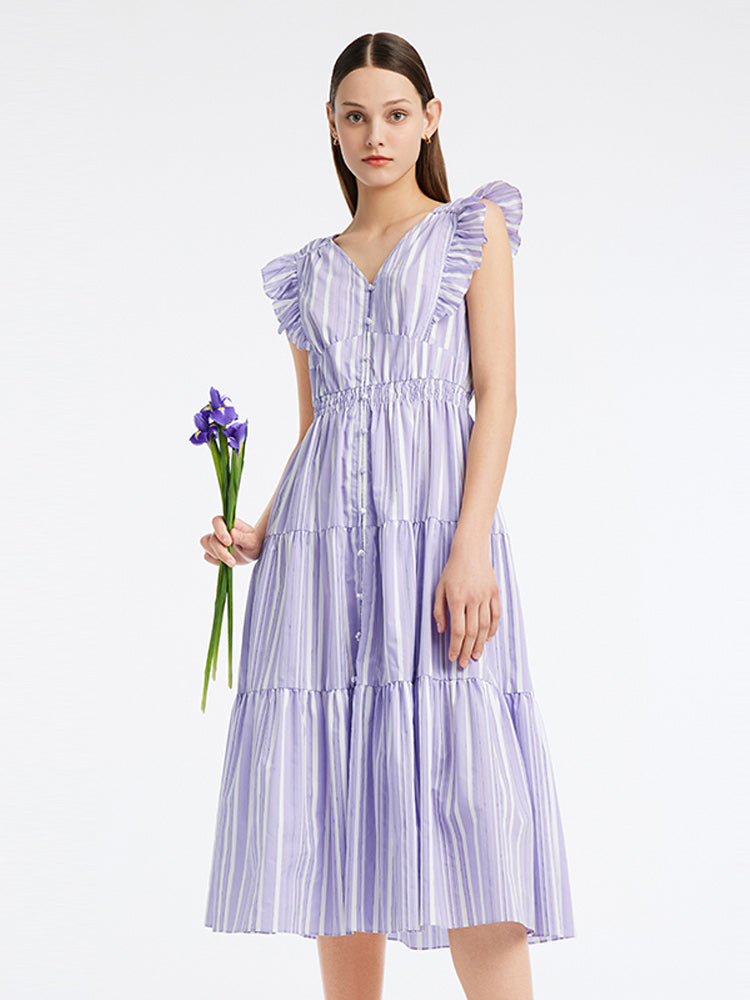 Stripe Pleated Fly Sleeve Dress GOELIA