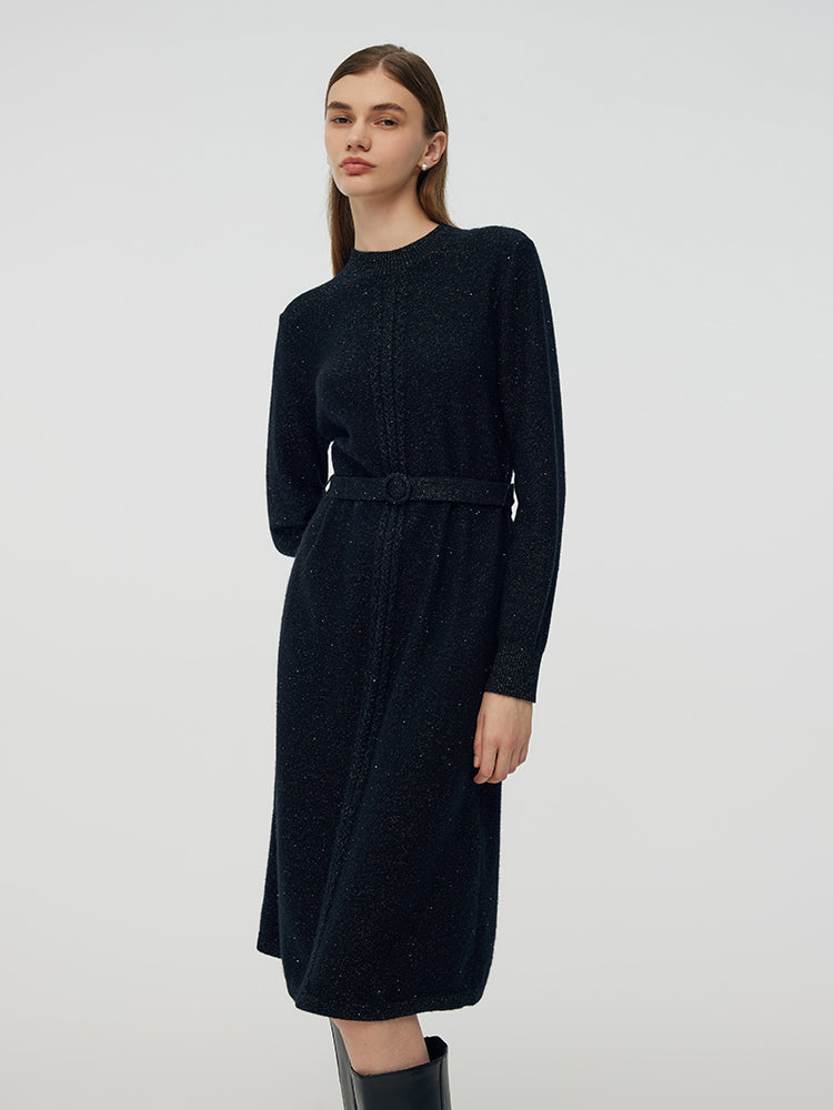 Wool Blend Women Midi Dress With Belt GOELIA