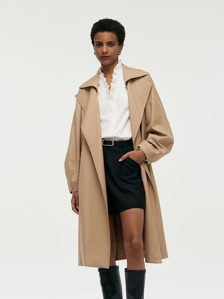 Worsted Wool Lantern Sleeve Women Trench Coat With Leather Belt GOELIA