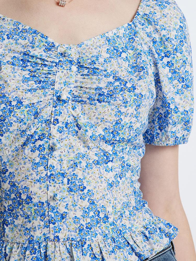 Blue Floral Print Women Blouse GOELIA