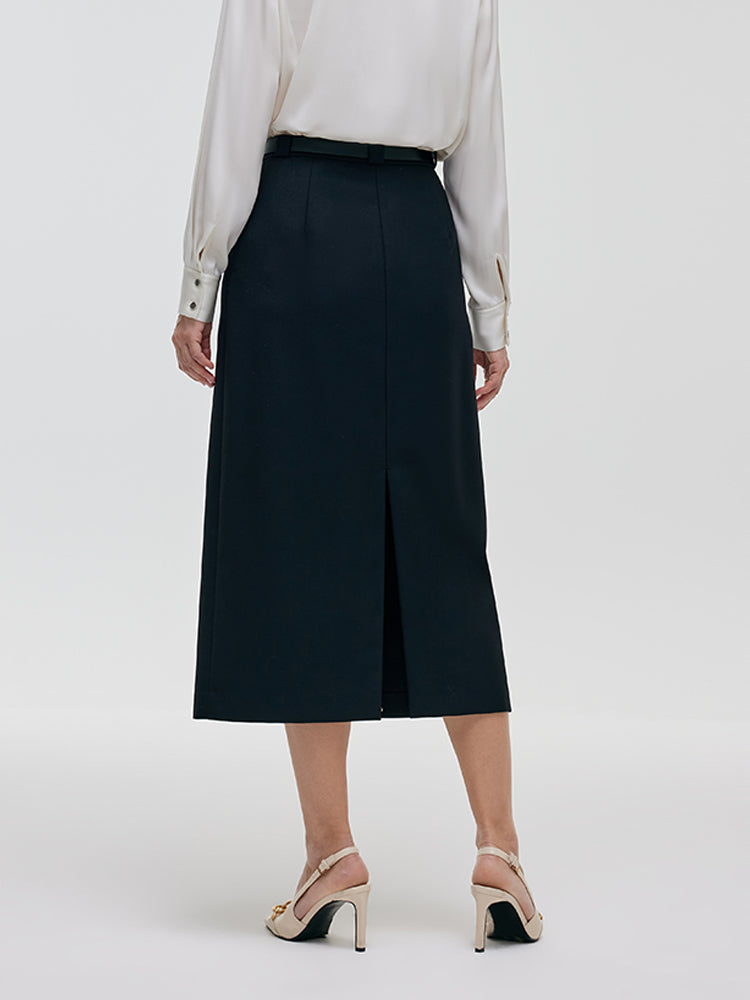 Worsted Wool Women Column Skirt With Leather Belt GOELIA