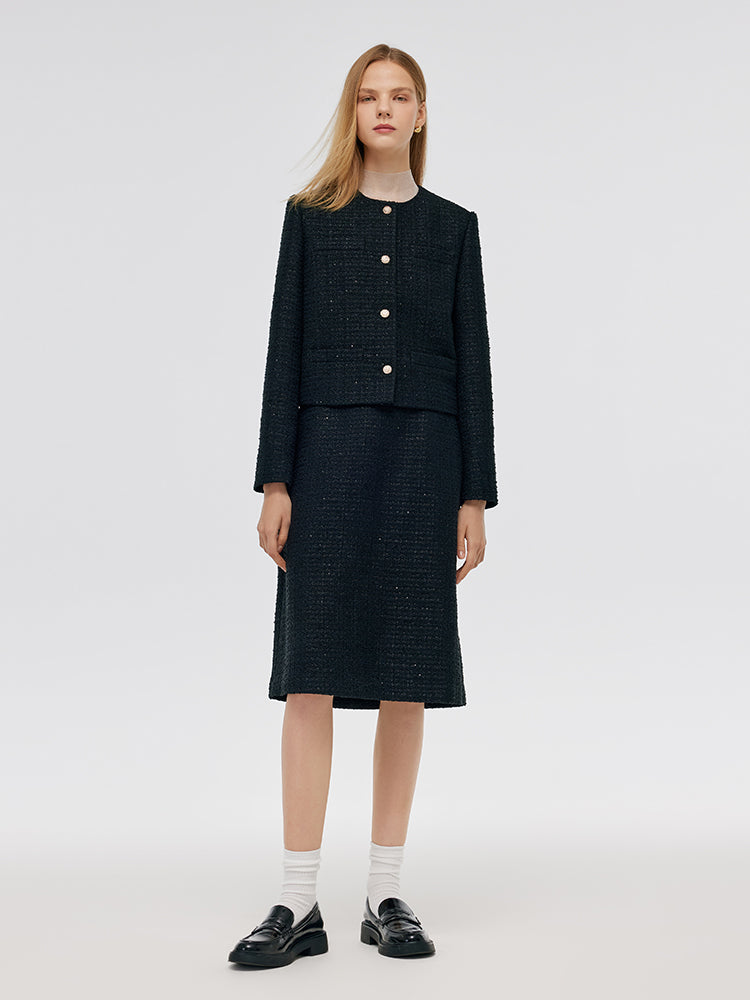 Tweed Crop Jacket And A-Line Skirt Two-Piece Set With Detachable Contrast Collar GOELIA