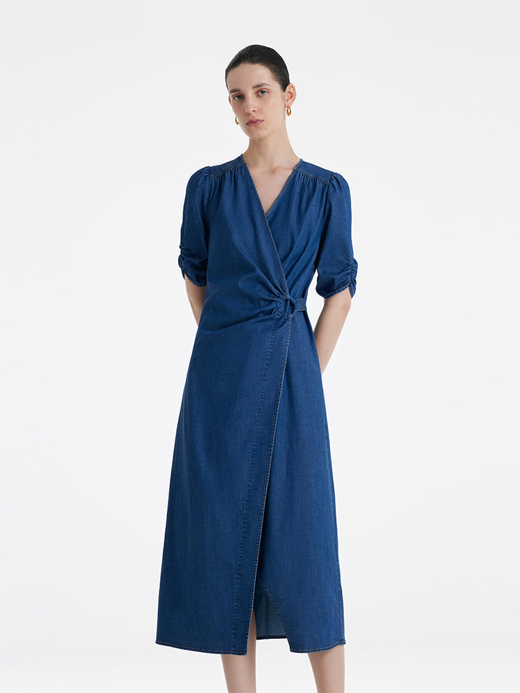 Denim V-Neck Twist Waist Women Midi Dress GOELIA