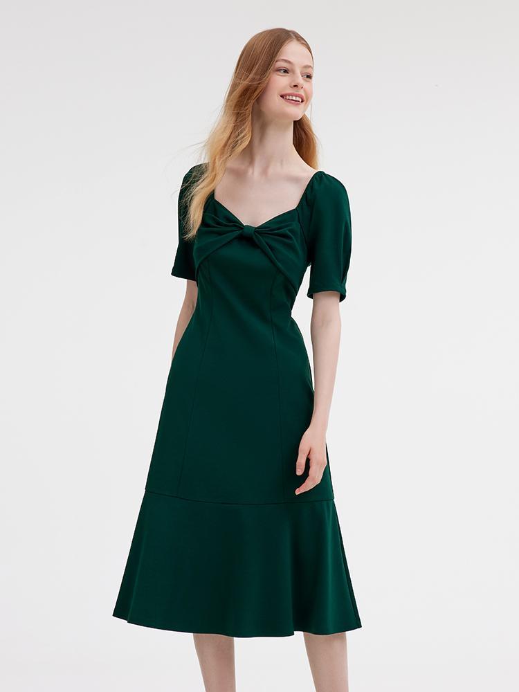 Dark Green Dress With Bow GOELIA