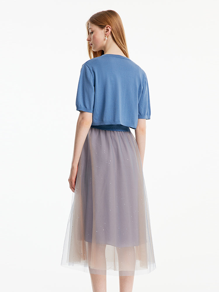 Two-Piece Set Blue Cardigan And Mesh Skirt GOELIA