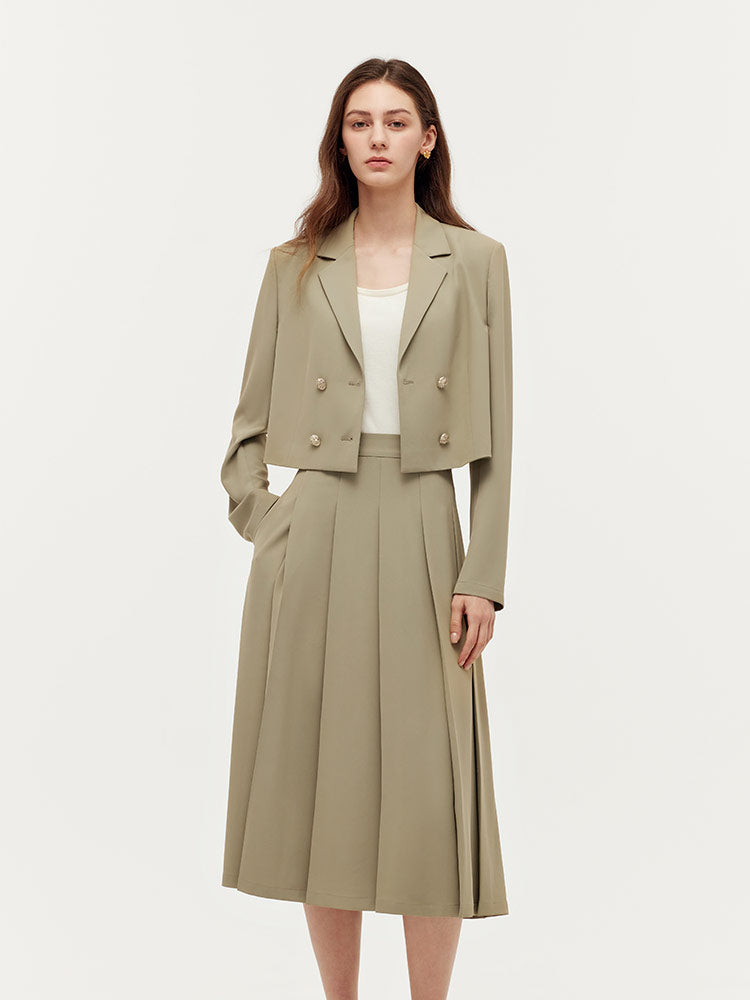 Crop Blazer And Camisole And Pleated Midi Skirt Three-Piece Set GOELIA