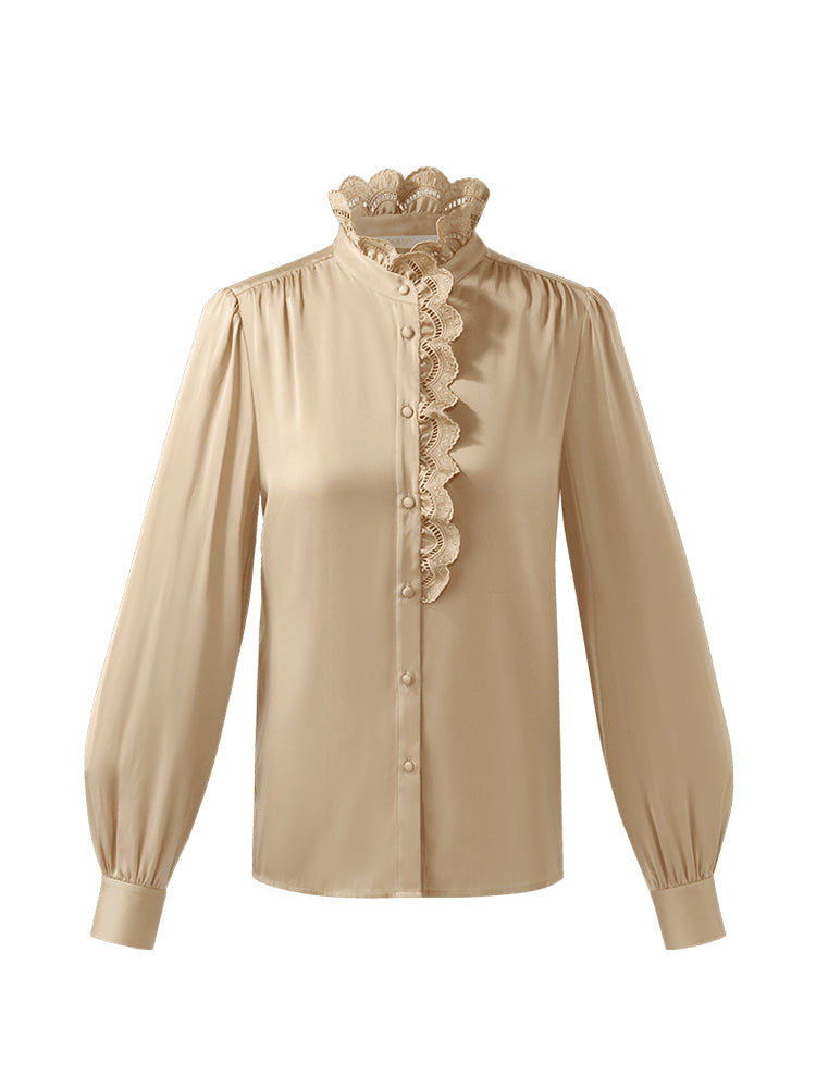 19 Momme Mulberry Silk Ruffle Stand Collared Women Shirt GOELIA