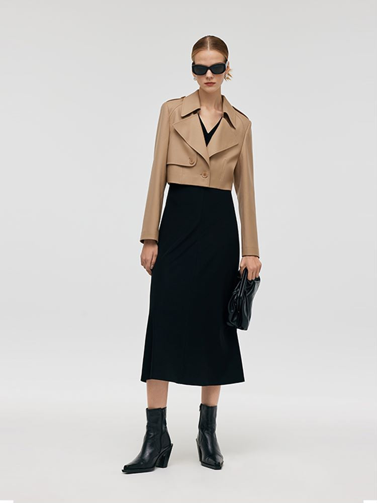 Worsted Wool Lapel Cropped Trench Coat And Acetate Midi Dress Two-Piece Set GOELIA