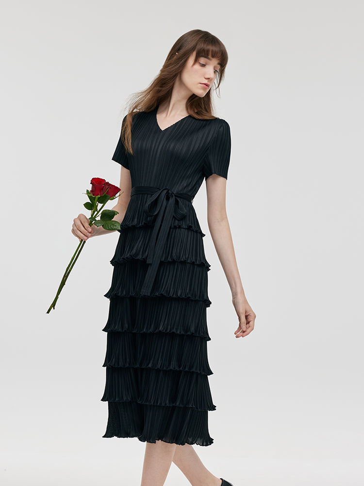 Pleated Women Tiered Midi Dress With Belt GOELIA