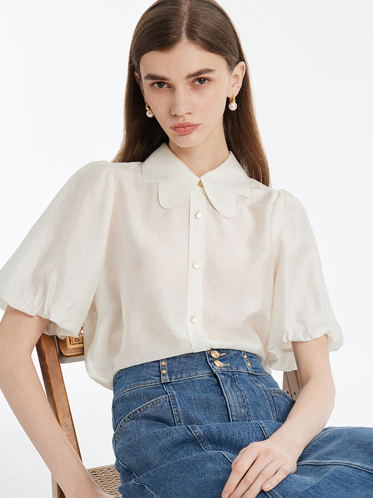 Tencel Puff Sleeves Petal Collared Women Shirt – GOELIA