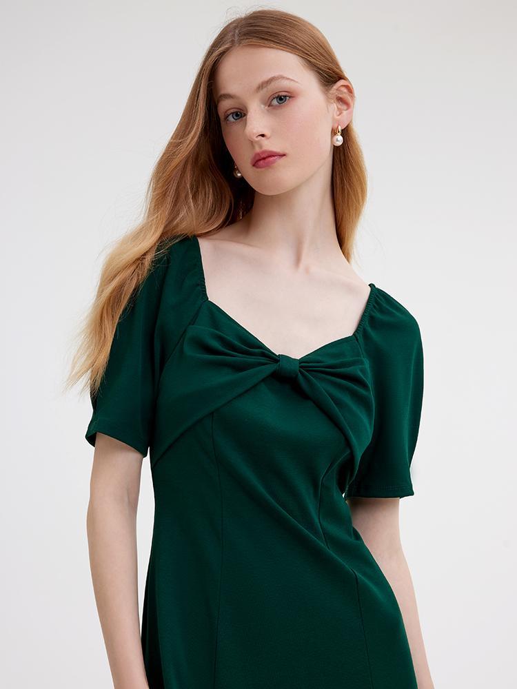 Dark Green Dress With Bow GOELIA