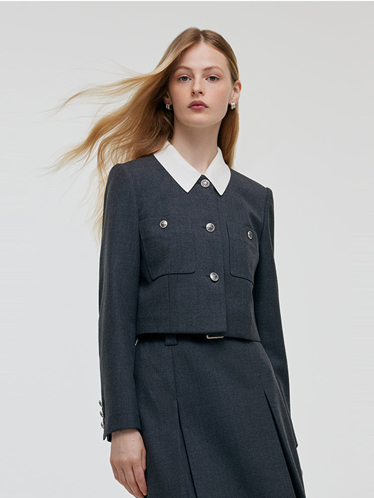 Wool Blend Crop Jacket And A-Line Skirt Two-Piece Set With Leather Belt GOELIA