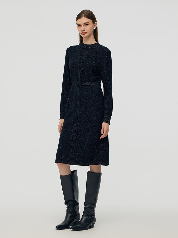 Wool Blend Women Midi Dress With Belt GOELIA