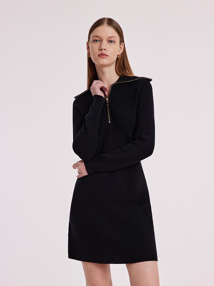 Black Wool Knit Lapel Dress With Zip GOELIA